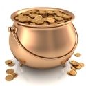 Golden pot full of gold coins with dollar sign.